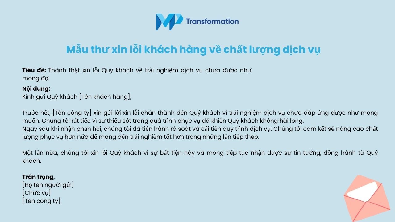 Mẫu thư xin lỗi khách hàng về chất lượng dịch vụ