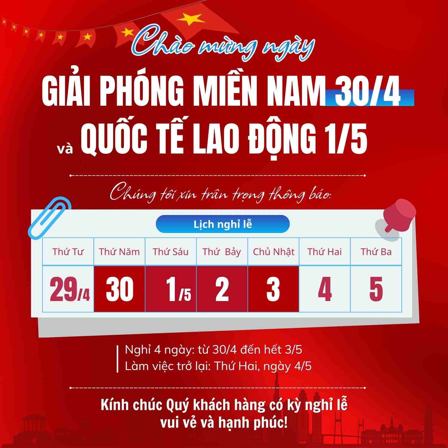 Mẫu thông báo nghỉ lễ 30/4, 1/5 cho khách hàng