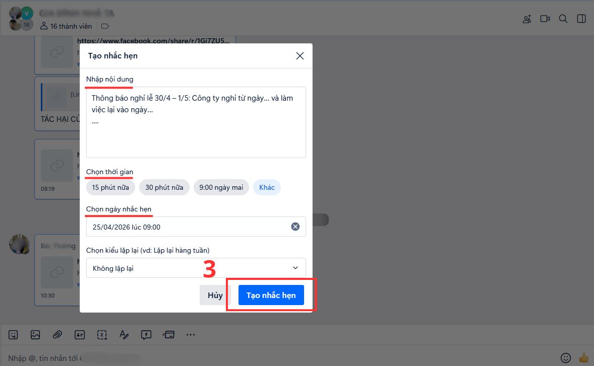 Sử dụng tính năng nhắc hẹn với Zalo cá nhân Sử dụng tính năng nhắc hẹn với Zalo cá nhân