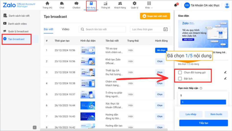 Sử dụng tính năng Broadcast đối với Zalo Official Account (Zalo OA - Doanh nghiệp) Sử dụng tính năng Broadcast đối với Zalo Official Account (Zalo OA - Doanh nghiệp)